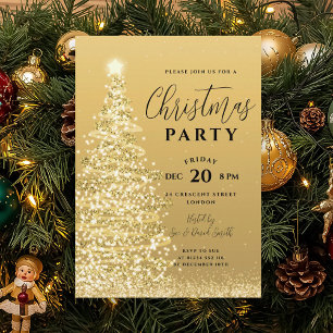 Elegant Christmas Tree Party Gold Holiday Invitation
