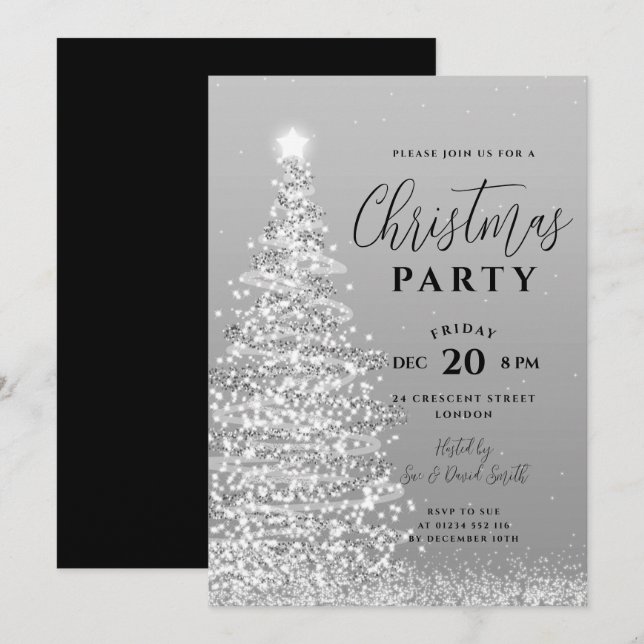 Elegant Christmas Tree Party Silver Holiday Invitation (Front/Back)