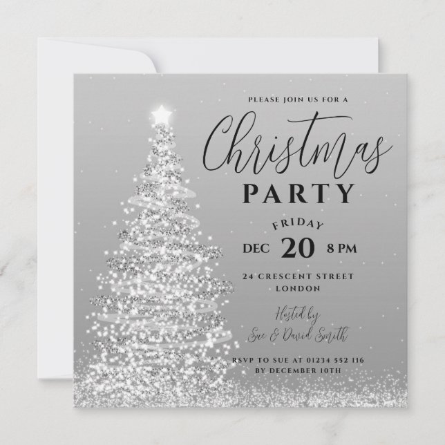 Elegant Christmas Tree Party Silver Holiday Invitation (Front)