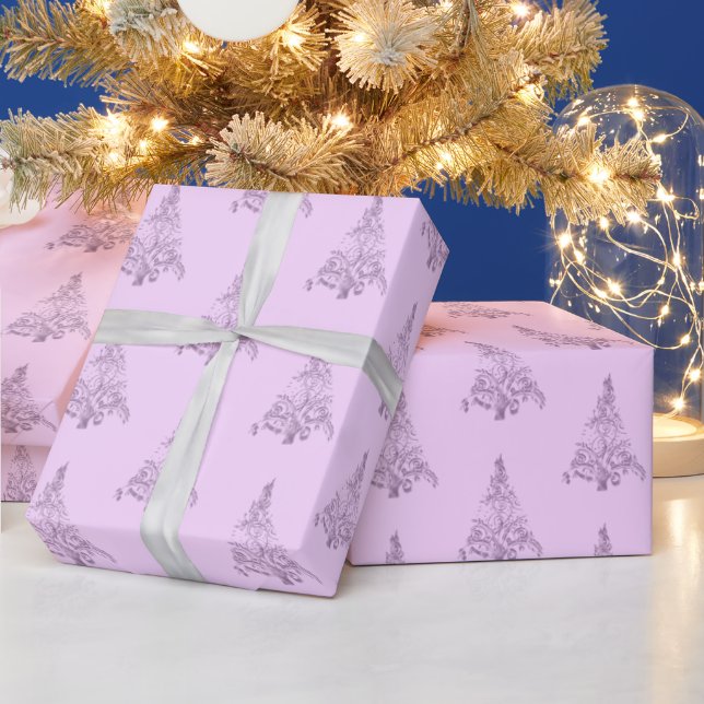 Elegant Christmas Tree Pattern Pink Wrapping Paper (Holidays)