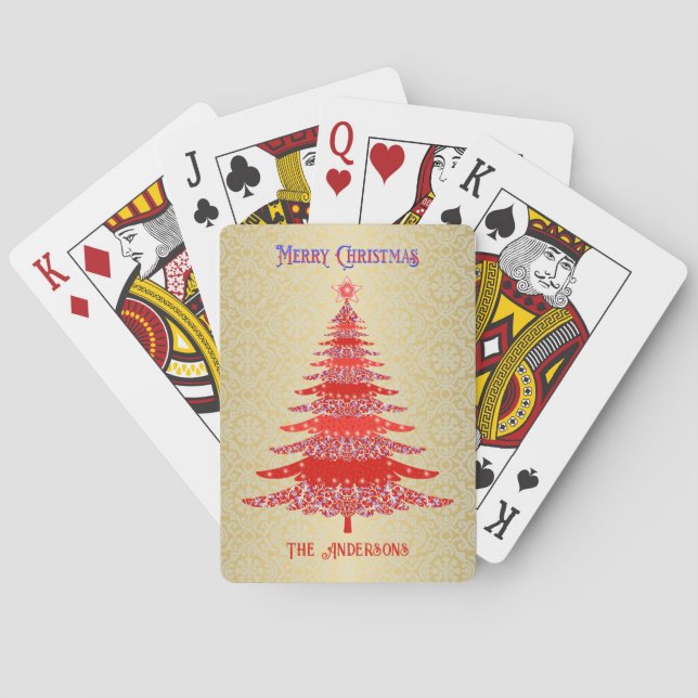 Elegant Christmas Tree Red Gold Name Ornaments Playing Cards (Back)