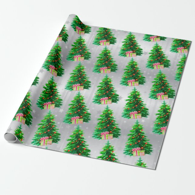 Elegant Christmas Tree, Red Ornaments, Packages Wrapping Paper (Unrolled)