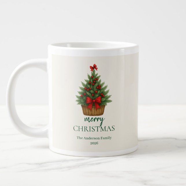 Elegant Christmas Tree – Red Ribbon  Large Coffee Mug (Left)