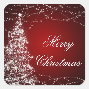 Elegant Christmas Tree Shining Stars Red Square Sticker