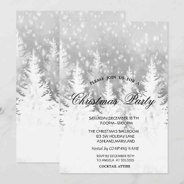 Elegant Christmas Tree, Snow Grey Christmas Party Invitation (Front/Back)