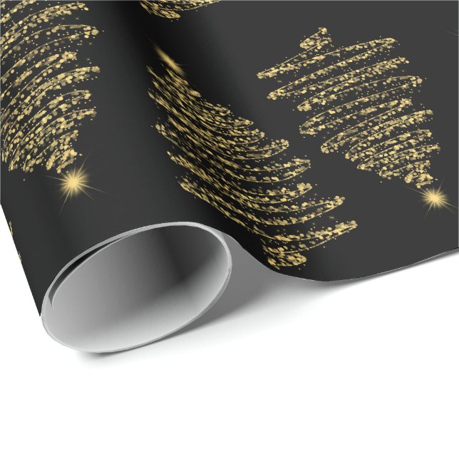 Elegant Christmas Tree Sparkle Gold Black Wrapping Paper (Roll Corner)