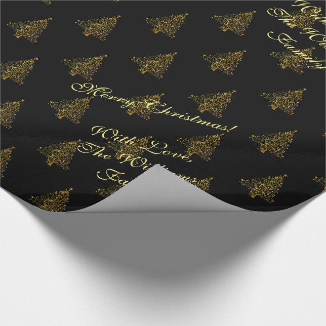 Elegant Christmas Tree Striped Pattern Black Gold Wrapping Paper (Corner)