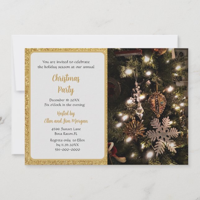 Elegant Christmas Tree with Gold Glitter Party  Invitation (Front)