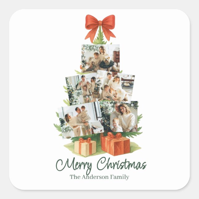 Elegant Christmas Tree with Red Bow & Presents -  Square Sticker (Front)