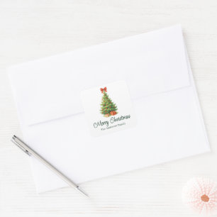 Elegant Christmas Tree with Red Bow & Presents -  Square Sticker