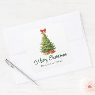 Elegant Christmas Tree with Red Bow & Presents -  Square Sticker