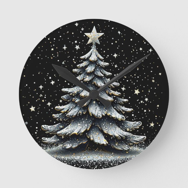 Elegant Christmas Tree With Sparkling Decorations Round Clock (Front)