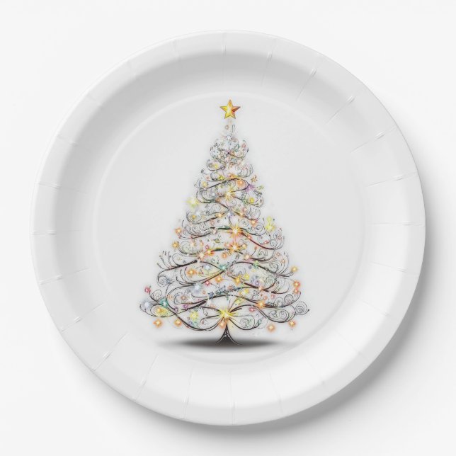 elegant christmas tree with sparkling lights  paper plate (Front)