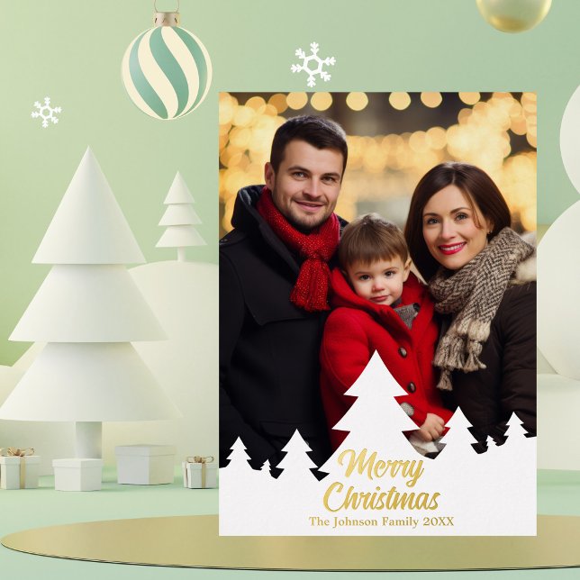 Elegant Christmas Trees Family Photo Gold Foil Holiday Card (Creator Uploaded)