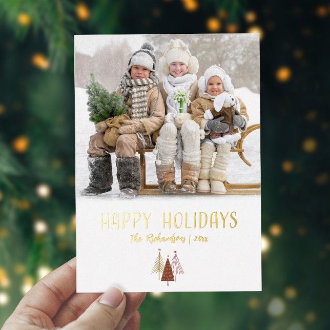 Elegant Christmas Trees Family Photo Gold Happy Foil Holiday Card (Creator Uploaded)