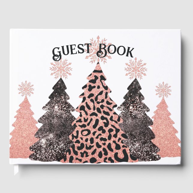 Elegant Christmas Trees Pink Black Glitter Holiday Guest Book (Front)