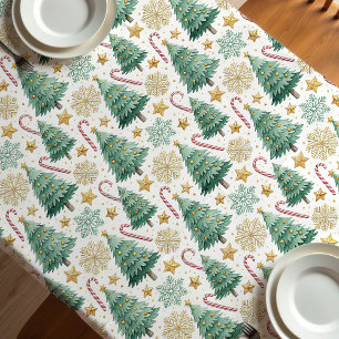 Elegant Christmas trees red green gold tablecloth