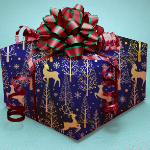 Elegant Christmas trees reindeers blue Wrapping Paper