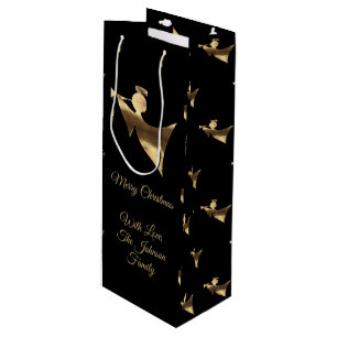 Elegant Christmas Trumpet Angel Black Gold Look Wine Gift Bag
