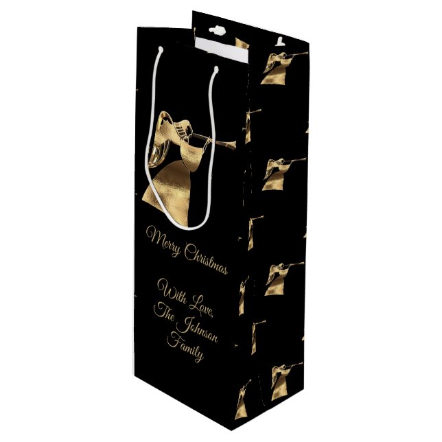 Elegant Christmas Trumpet Angel Black Gold Look Wine Gift Bag (Front Angled)