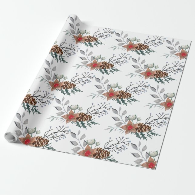 Elegant Christmas Watercolor Botanical Holiday Fav Wrapping Paper (Unrolled)