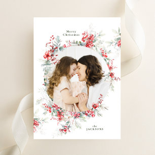 elegant christmas watercolor botanical oval photo holiday card
