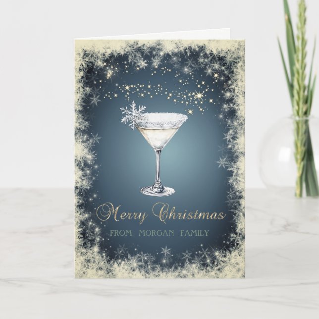 Elegant Christmas Watercolor Cocktail Snowflakes  Holiday Card (Front)