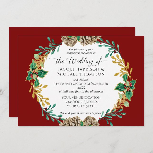 Elegant Christmas Watercolor Gold Holly Wreath Invitation (Front/Back)