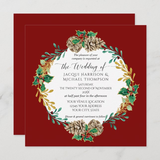 Elegant Christmas Watercolor Gold Pine Cone Wreath Invitation (Front/Back)
