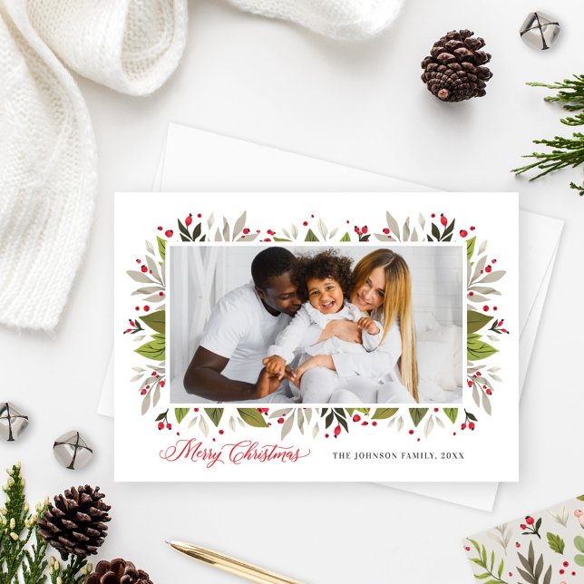 Elegant Christmas Watercolor Greenery Photo Holiday Card (Creator Uploaded)
