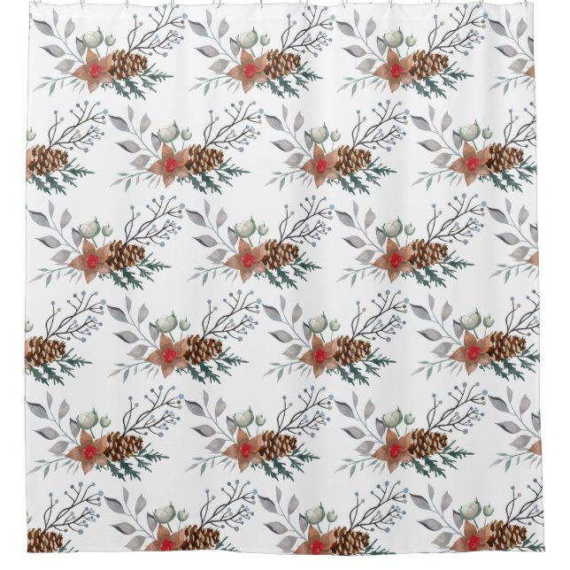 Elegant Christmas Watercolor Holiday Rustic Shower Curtain (Front)