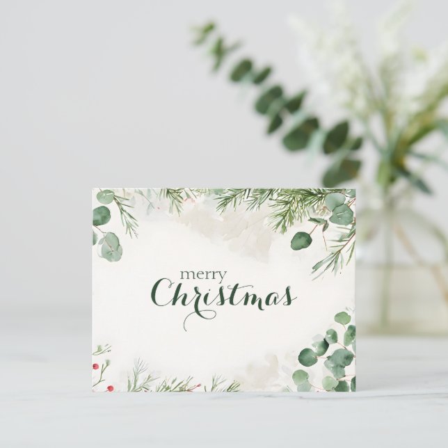 Elegant Christmas Watercolor Pine, Non-Photo Holiday Card (Standing Front)