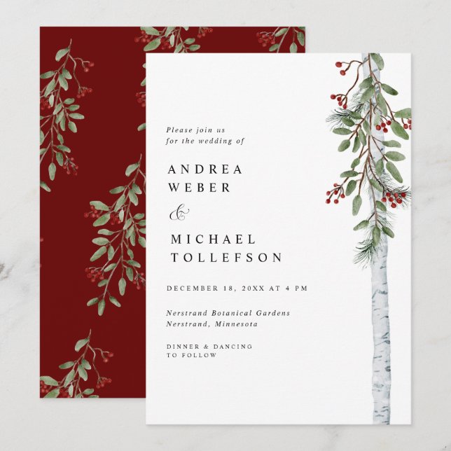 Elegant Christmas Wedding Burgundy Greenery Invitation (Front/Back)