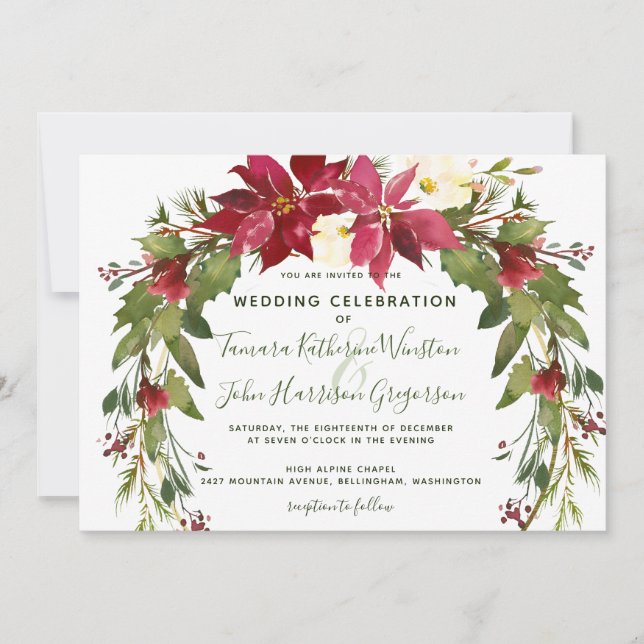Elegant Christmas Wedding Poinsettia Floral Winter Invitation (Front)
