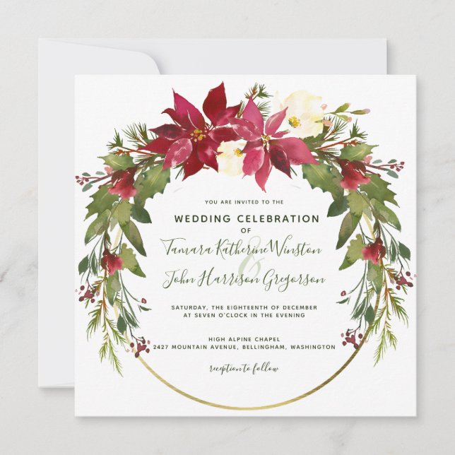 Elegant Christmas Wedding Poinsettia Floral Winter Invitation (Front)