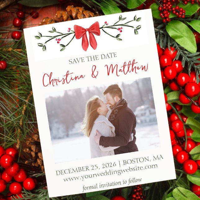 Elegant Christmas Wedding Red and Green Modern Bow Save The Date (Creator Uploaded)