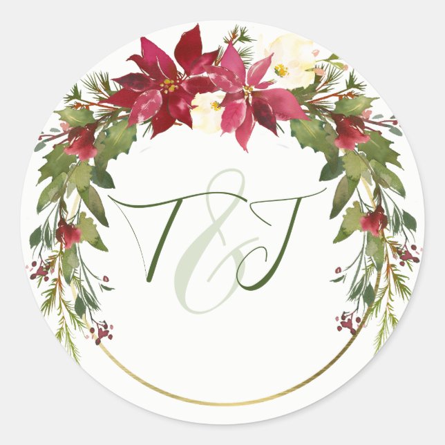 Elegant Christmas Wedding Red Poinsettia Greenery  Classic Round Sticker (Front)