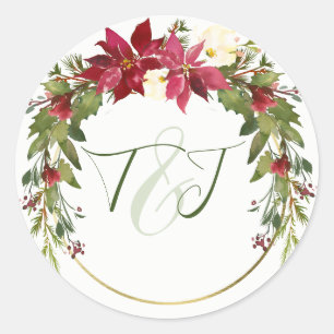 Elegant Christmas Wedding Red Poinsettia Greenery Classic Round Sticker