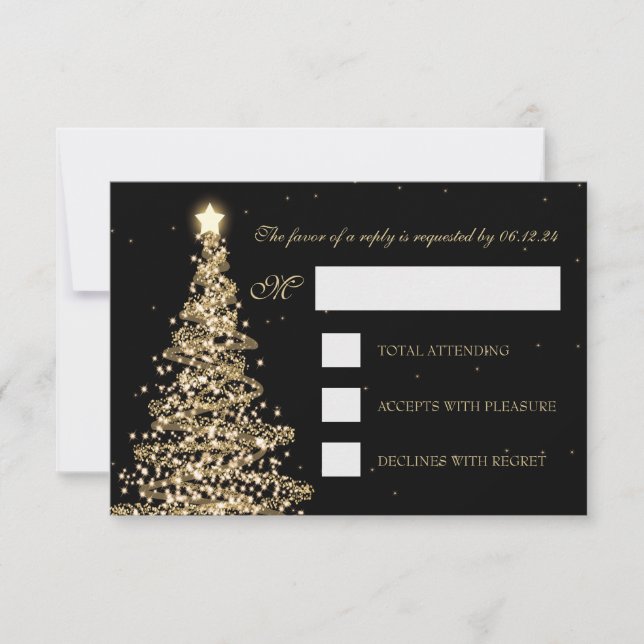 Elegant Christmas Wedding RSVP Gold Black (Front)