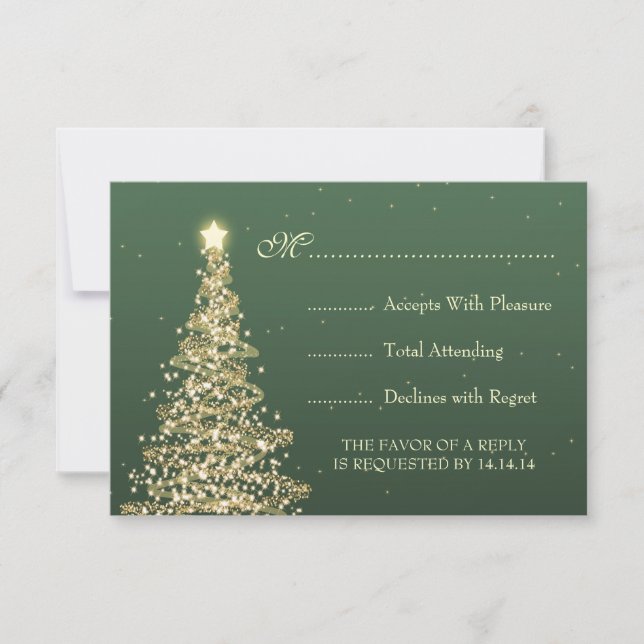 Elegant Christmas Wedding RSVP Gold Green (Front)