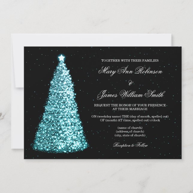 Elegant Christmas Wedding Sparkle Tree Turquoise Invitation (Front)