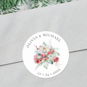 Elegant Christmas Wedding Watercolor Floral Classic Round Sticker