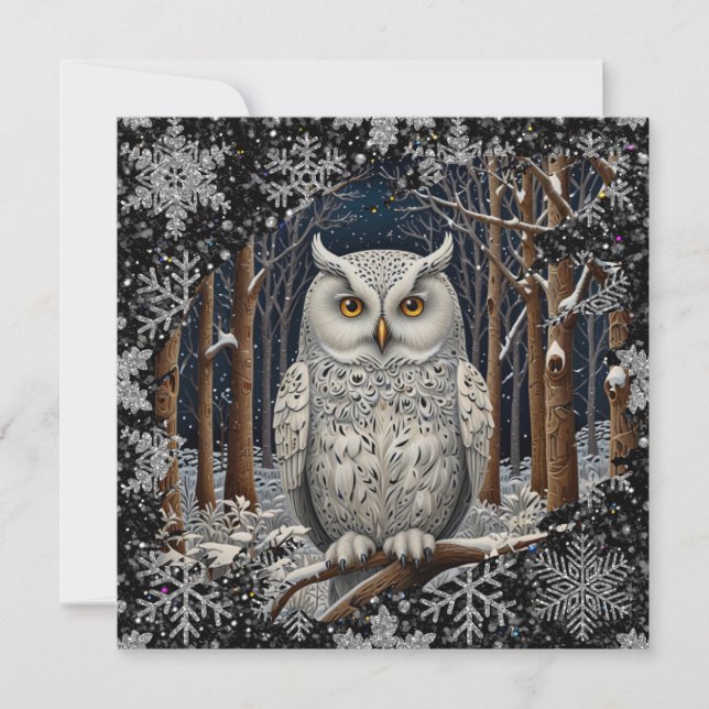 Elegant Christmas white owl woodland winter forest Card (Front)