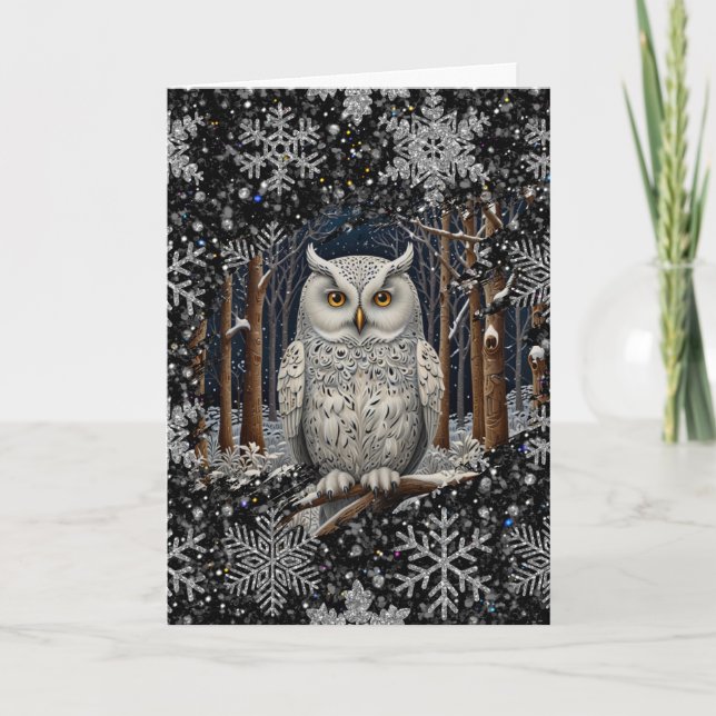 Elegant Christmas white owl woodland winter forest Card (Front)