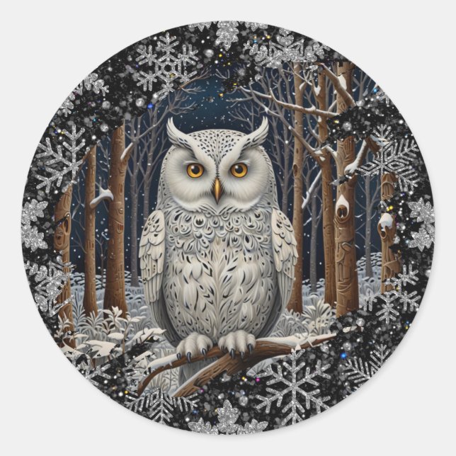 Elegant Christmas white owl woodland winter forest Classic Round Sticker (Front)
