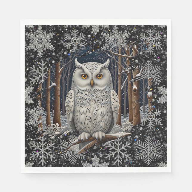 Elegant Christmas white owl woodland winter forest Napkin (Front)