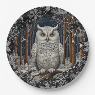 Elegant Christmas white owl woodland winter forest Paper Plate