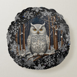 Elegant Christmas white owl woodland winter forest Round Cushion
