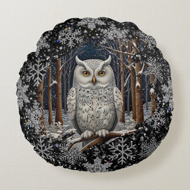 Elegant Christmas white owl woodland winter forest Round Cushion (Front)
