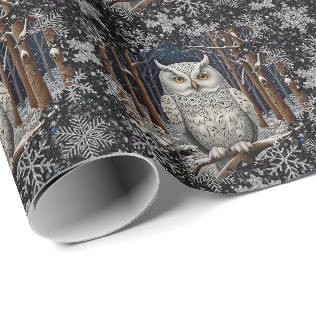 Elegant Christmas white owl woodland winter forest Wrapping Paper (Roll Corner)